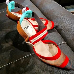 Fendi Red Colibri Slingback Mesh Pumps